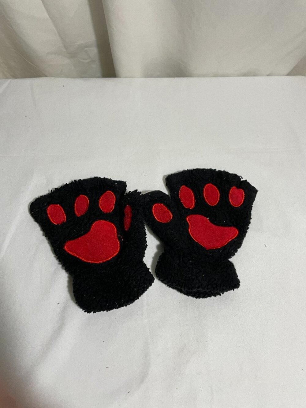 Black Red Paw Print Fingerless Gloves Fuzzy Animal Costume Mittens